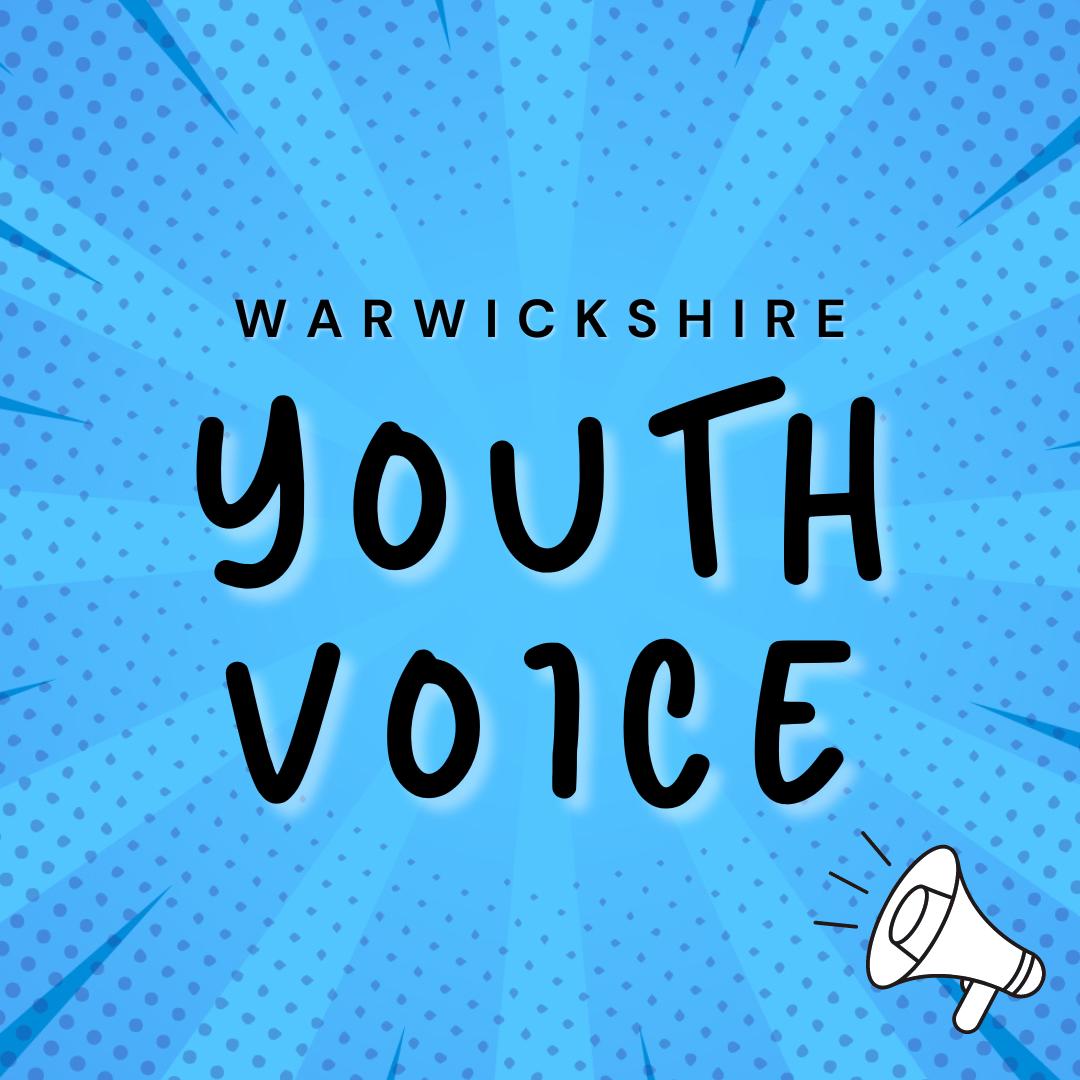 Warwickshire Youth Voice text on blue background