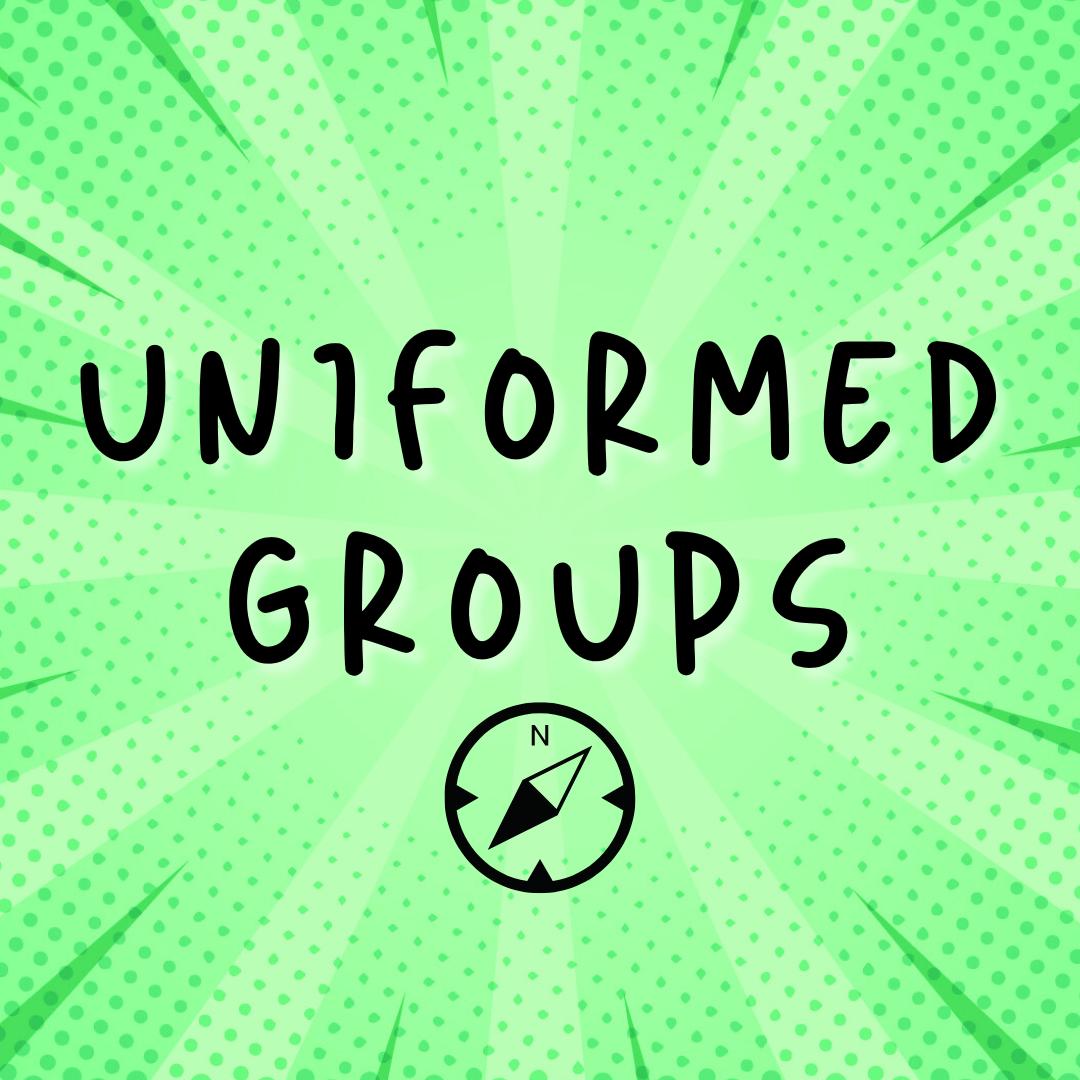 Uniformed groups text on green background