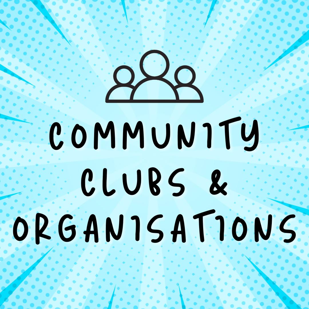 Community clubs and organisations text on blue background